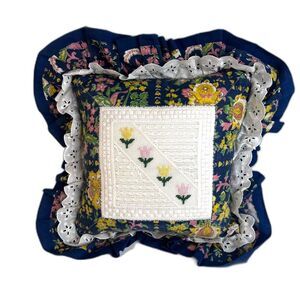 Embroidered Panel Ruffled Lace Trim Granny Core VTG Cottage Core Pillow